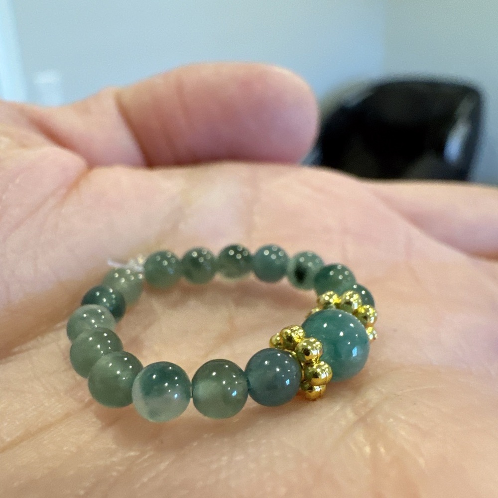 NEW Natural Burmese Green jade beads ring with Gold Accents